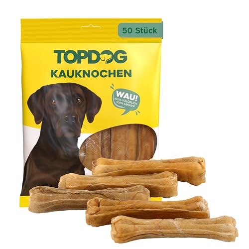 Topdog Kauknochen Hund 50 Stück 12 cm - Rinderhautknochen für Hunde aus 100% Rind - Hundekauknochen - Pflegt die Zähne und unterstützt den natürlichen Kautrieb Ihres Hundes
