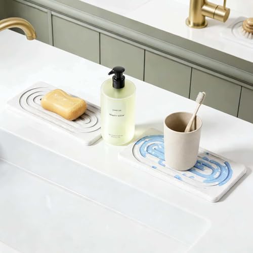 2 PCS Water Absorbing Diatomite Coasters, Stone Drying Mat for Kitchen Counter, Quick Dry Stone Mat Trays for Bathroom Kitchen Counter, Soap Dish Tray Used for Hand Soaps (White, 8.3" x 4") — view 7