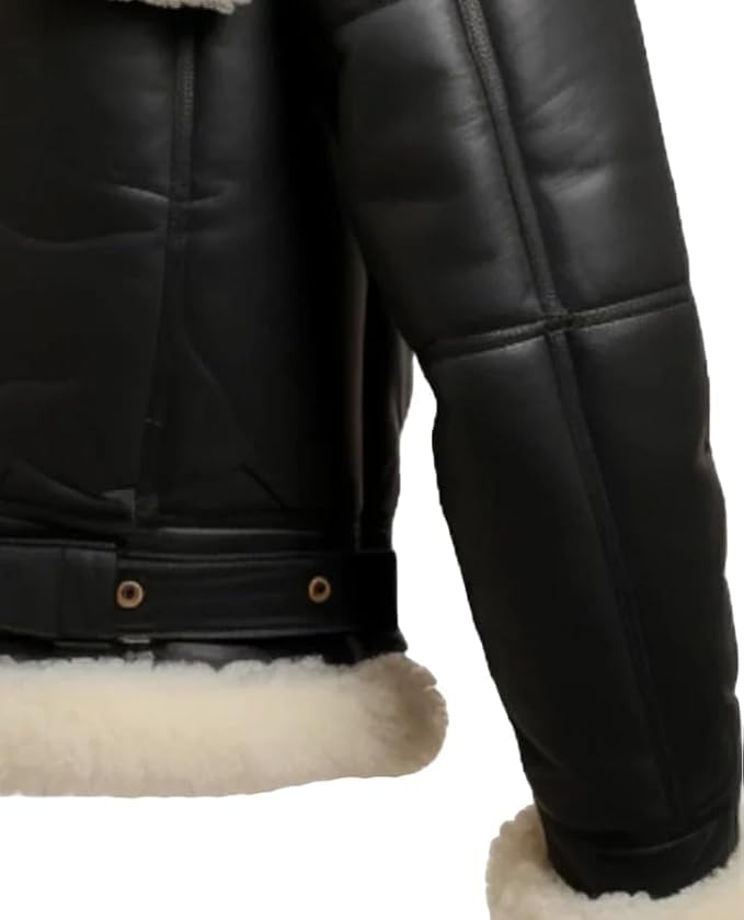 Hifa Men's Flying B3 Shearling Faux Fur Bomber Aviator Pilot Winter Jacket Genuine Sheepskin Leather, Black & White3
