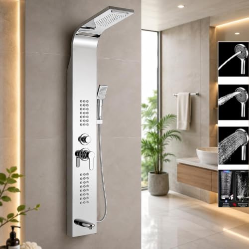 Image of Shower Panel Thermostate Stainless Steel 5 in One, Tower System, Rainfall Shower, Body Massage Spray, 3 Function Hand Shower (Chrome)