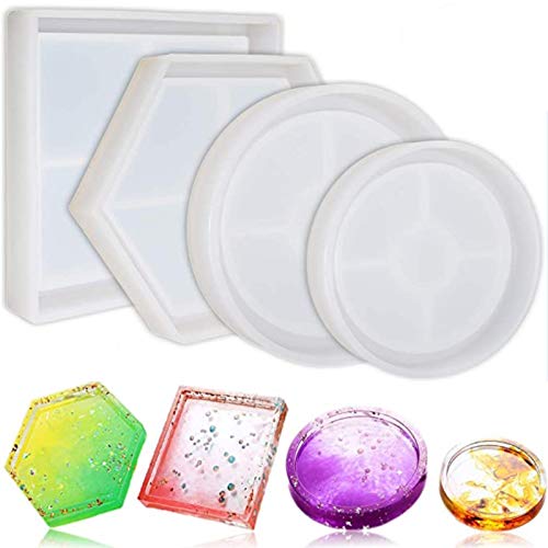 DIY Coaster Silicone Mold, Pack of 4 Resin Molds for Casting Eco-Friendly Sturdy Hexagon Square Round Mold Bottom Bracket for Casting with Resin,Concrete,Cement