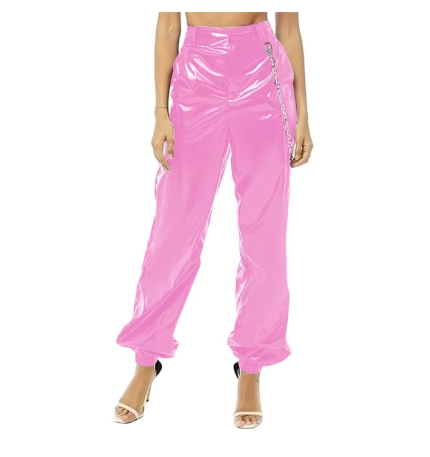 Pantaloni in pelle sintetica in PVC Pantaloni di grandi dimensioni a vita alta elastici larghi a bocca Pantaloni casual in pelle da strada, personalizzabile