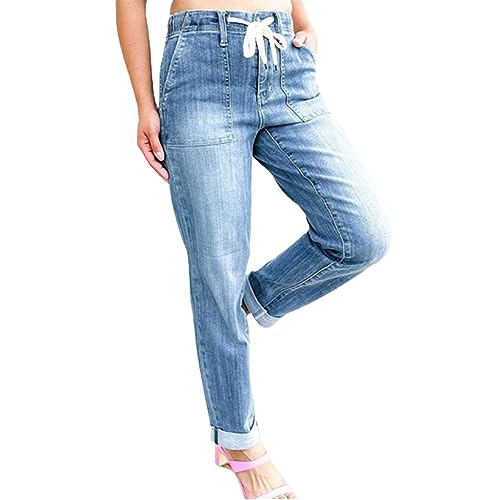 QQLADY Women Pull On Denim Joggers, Elastic Waist Stretch Drawstring Jeans with Pocket