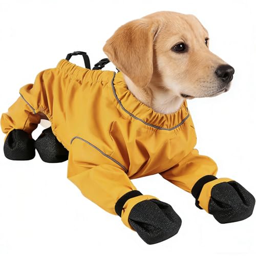 Hunderegenanzug mit Stiefeln – Wasserdichter Schmutzschutz Overall für Hunde, Anti-Rutsch Sohlen & Träger, Ganzkörper-Schutz für Regen, Matsch & Kälte (Für kleine & mittlere Rassen) (XL)