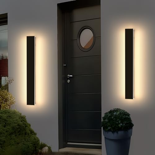 Image of 2 Pack 23.6inch Modern Outdoor Light Fixture, 3000K-6000K Dimmable LED Wall Sconce, IP65 Waterproof Black Linear Exterior Lighting for House, Porch, Patio, Garage with Remote Control