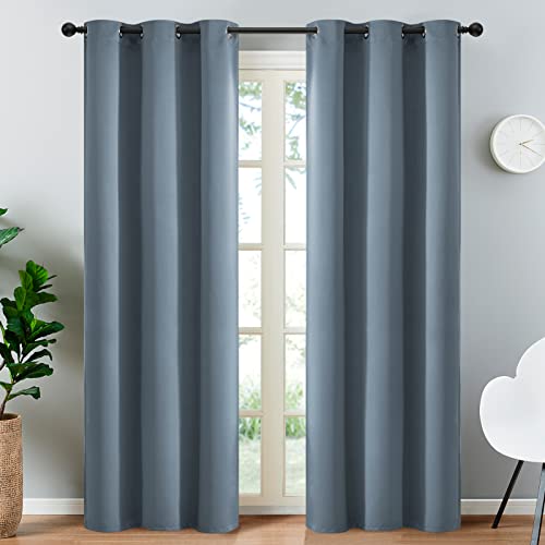 Yakamok 84 Inch Length 100% Blackout Curtains for Bedroom, Light Blocking Drapes Room Darkening Thermal Insulated Solid Grommet Panels for Living Room(38Wx84L, Stone Blue, 2 Panels)