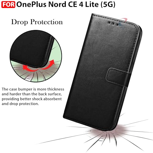 Image of CEDO Flip Cover for OnePlus Nord CE 4 Lite / CE4 Lite (5G) | Leather Finish | Inside Pockets & Inbuilt Stand | Shockproof Wallet Style Magnetic Closure Back Case Flipcover (Black)