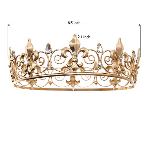 FORSEVEN Full Round King Crown- Metal Rhinestone Crowns and Tiaras for Women and Men Party Prom (HG340 Gold)