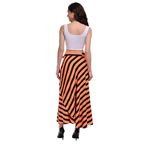 Image of Women's Long Wrap Around Maxi Skirt | Women Wear Long Skirt Color -Orange & Black Striped