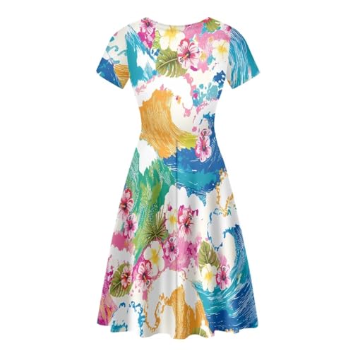 Image of HUGS IDEA Womens Puffy Swing Midi Dress Round Neck Short Sleeve Party A-Line Dresses