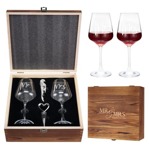 AW BRIDAL Mr Mrs Wine Glasses Set Wedding Gifts for Couples, Engagement Gift for Bride and Groom Newlyweds, Bridal Shower Gifts with Wine Opener Stopper and Engraved Wooden Keepsake Box