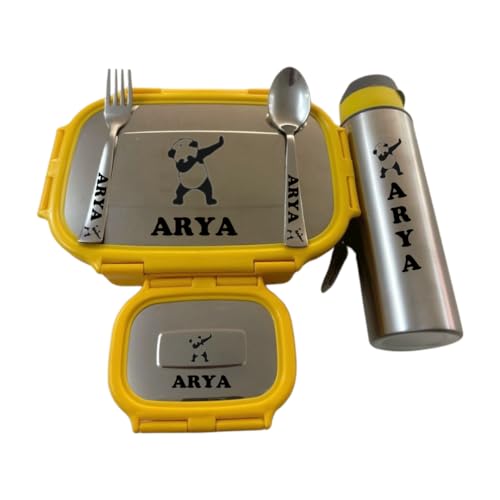 Image of Namoh Customization Personalized Tiffin | Customized Lunch Box | Personalized Lunch Box with Bottle with Name and Cartoon | Customized Tiffin with Bottle Leak. (Yellow)