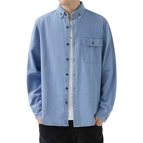 Men Cowboy Long Sleeve Shirt Regular Fit Button Denim Shirts Cotton Work Front Pocket Jean Jackets