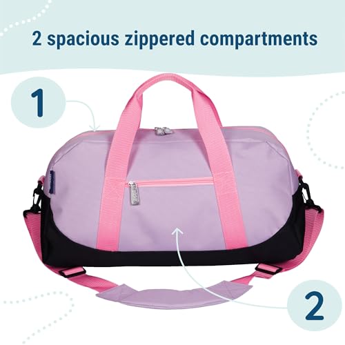 Image of Wildkin Kids Overnighter Duffel Bag - Carry-On Travel Bag for School & Sleepovers, Lightweight, Durable, Boys & Girls Ages 4-15 - Lilac