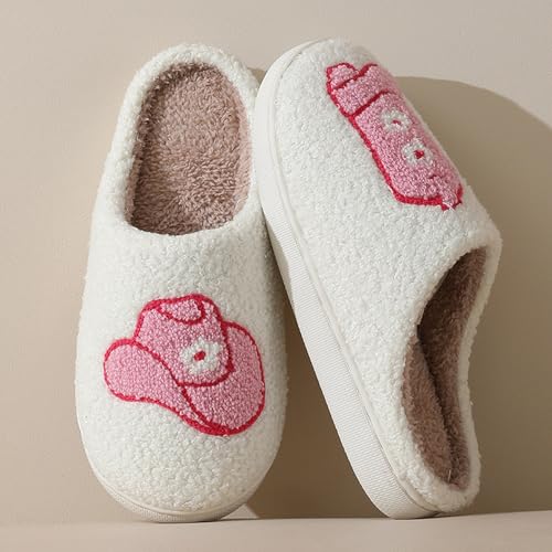 Image of Womens Mens House Slippers Retro Comfy Warm Plush Slip on Fluffy Memory Foam Home Sippers for Winter Indoor Outdoor