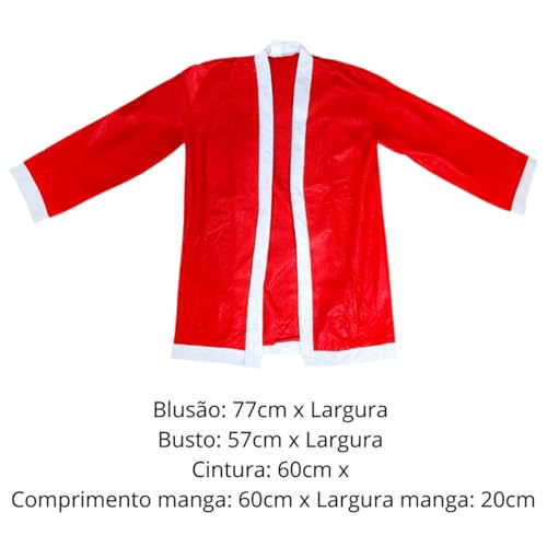 Roupa Papai Noel Traje Fantasia Completa de Natal Blusão Calça Cordão Ajustável Gorro Cinto e Barba