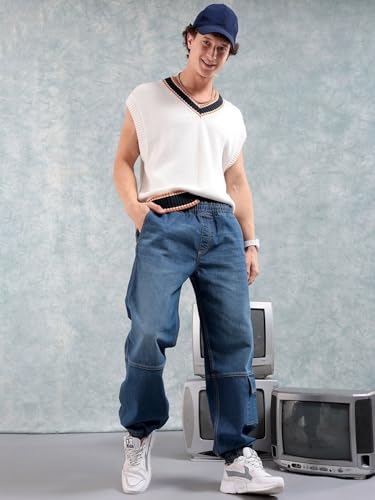 Image of The Indian Garage Co Men Loose Fit Solid Mid-Rise Stretchable Denim Joggers