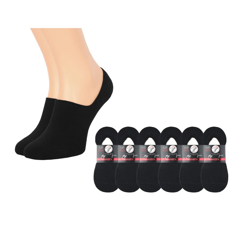 MARILYN Męskie skarpety do sneakersów, niewidoczne, antypoślizgowe, krótkie, czarne, bawełniane, antypoślizgowe, 6 par | czarny, 39-42 EU