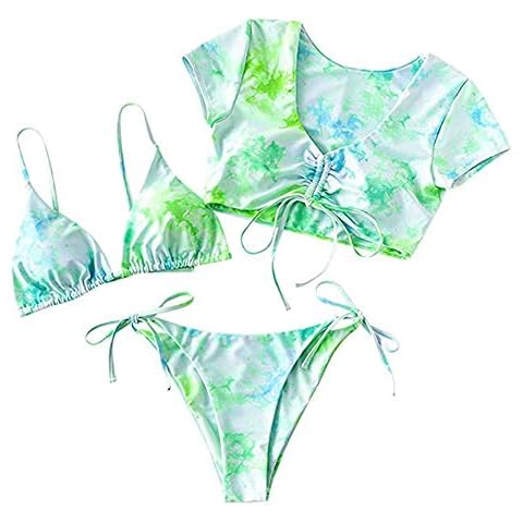 meioro Women Brazilian Bikini Sets 3 Piece Tie Dye Swimsuit Sexy Triangle Swimwear Low Waist Swimming Trunks Swimming Costume No Rims Bathing Suit(Green, L) Cover