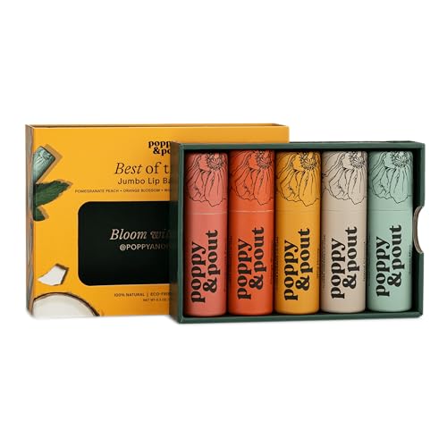 Jumbo Lip Balm Gift Set (5-Pack) | Poppy & Pout All Natural Lip Balms & Moisturizers | Hydrates with Beeswax Vitamin E Organic Coconut Oil | Cruelty-Free | Lip Balm in Recyclable Cardboard Tube