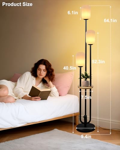 Image of Floor Lamp for Living Room, Dimmable Vintage Floor Lamp with Shelf & LED Bulbs, 3 Light 3000K Soft Warmwhite Mid Century Standing Lamp, Tall Lamps for Bedroom Office