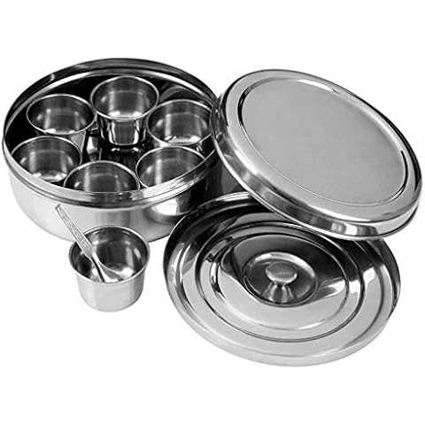 SRIYUG Stainless Steel Round Shape Spice Box Dabba with Double Lid and 7 Containers and 1 Small Spoon Masala box for kitchen Cover
