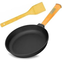 Biol Sartenes Sartén de Hierro Fundido para Freír 20 cm BRIZOLL - Sartén con mango de madera con espátula - Sartén apta para barbacoa de gas, horno, fogones y todo tipo de cocinas, incluida la inducción
