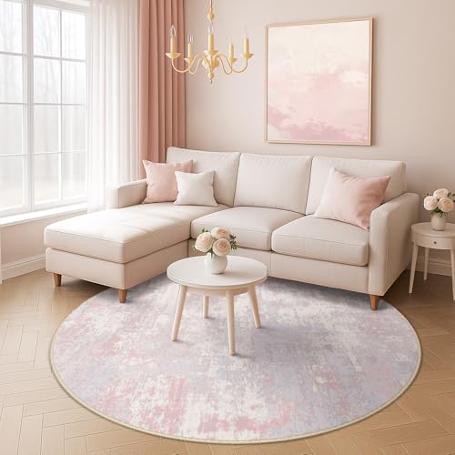 Washable Area Rugs 6ft Non-Slip Modern Abstract Soft for Living Room Entryway Bedroom Nursery, Print Pattern, Grey Pink