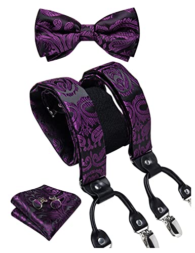 Image of DiBanGu Paisley Bow Tie and Supenders for Men Tuxedo Heavy Duty 6 Clips Suspender Adjustable Y-Shape Mens Trouser Braces