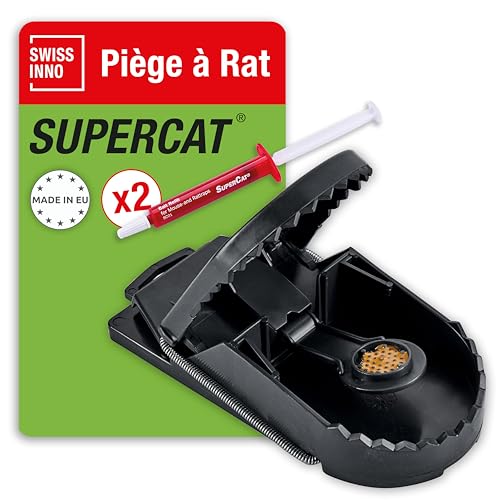 SWISSINNO Piège à Rats SuperCat - Piège à Ressort réutilisable et fiable avec appât au Beurre de cacahuète - Prêt à l'emploi - Utilisation intérieure et extérieure - 1 Piège + 2 Recharges d'Appât