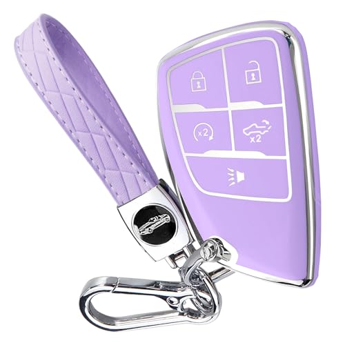 Image of Key Fob Cover for Chevy GMC with Keychain, Silverado Sierra Tahoe Suburban Equinox Traverse Yukon Denali Terrain Buick Envision Premium Soft TPU Case (5 Buttons Purple)