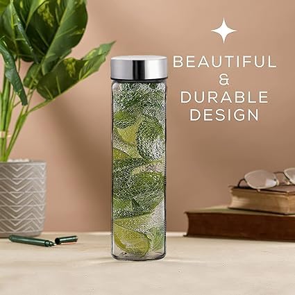 Image of CROCO JAR Wide Mouth Glass Water Bottle, Leak-Proof Airtight Double Layer Stainless Steel Lid, Set of 6 - Ideal for Water, Juice, Smoothies 750ml | Set Of 6