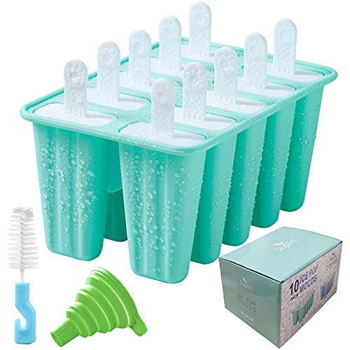 Ice Lolly Mould 10 Pieces Food Grade Silicone Popsicle Mold Easy to Remove Ice Pop Moulds - Reusable Ice Cream Mould BPA Free Ice Lolly Maker with Popsicles Recipes,Cleaning Brush and Funnel (Green)