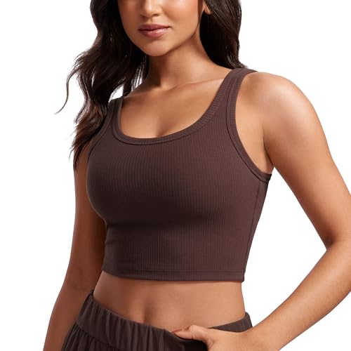 Image of CRZ YOGA Ribbed U Neck Crop Tank Tops | Medium Support, Removable Pads, Casual, Wide Straps, Longline Sports Bras for Women