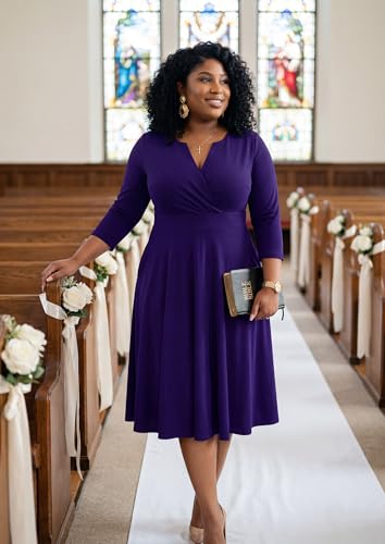 Image of Runwind Women's Plus Size Midi Dress 3 /4 Sleeve Fit and Flare Cocktail Dresses Casual V-Neck Dress with Pockets