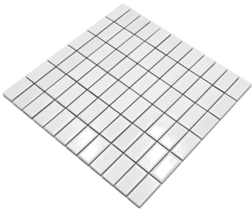 Piastrelle a mosaico, a tinta unita bianco lucido, in ceramica, mosaico, formato: 23,2 x 48 x 6 mm, dimensioni foglio: 300 x 300 mm, 1 foglio