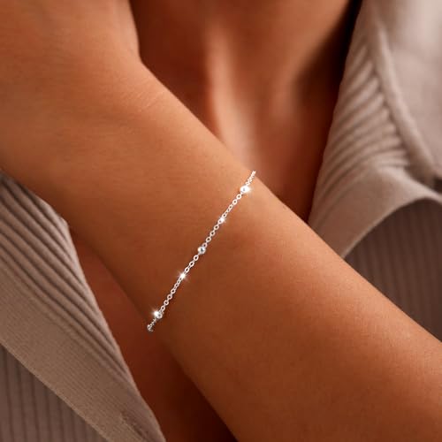 Moodear 925 Sterling Silver Bracelet for Women - Dainty 3mm Bead Link Chain Bracelets Trendy Adjustable Satellite Chain for Women Waterproof Jewelry Gift2