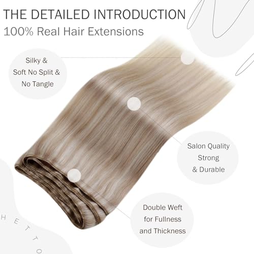 Hetto Weft Hair Extensions Real Human Hair Ash Blonde Highlights Light Blonde - Image 3