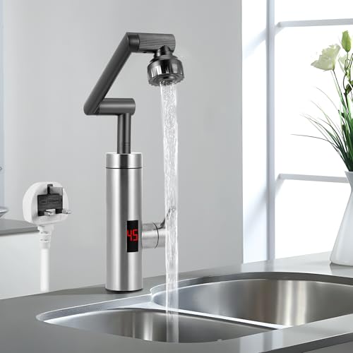Electric Hot Water Tap Flexible Nozzle, 220V 3000W Instant Hot Water Tap with LED Digital Display, Hot and Cold Water Electric Tap for Kitchen Bathroom Washroom, UK Plug