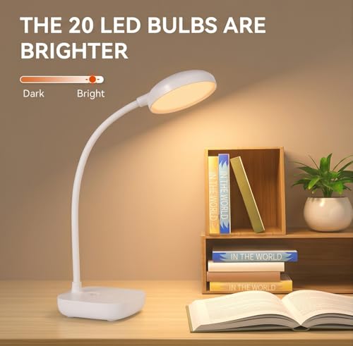 Image of White Small Battery Powered Desk Lamp,Battery operated lamp,5W Rechargeable desk light,3 Colors,Adjustable brightness,360Gooseneck Hose,Cordless lamps for small spaces,Eye-friendly and Energy Saving