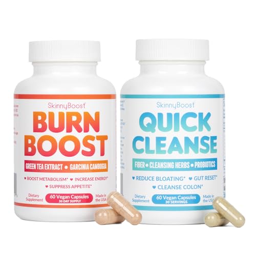 SkinnyBoost Quick Cleanse and Green Tea Vegan Capsules Kit- 60 Ct/Bottle-Reduce Bloating, Colon Cleanse, Gut Reset, Weight Support- Made in The USA (120 Capsules)