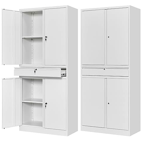 Letaya Metal Garage Storage Cabinet with Drawer,4 Door Tool Cabinet with Lock-2 Adjustable Shelves for Garage Home Office Utility Room (White) Cover