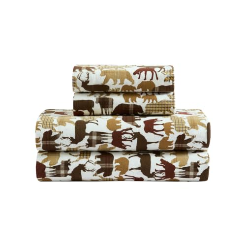 Image of Eddie Bauer - Full Flannel Sheet Set, Soft Brushed Cotton Bedding with Matching Pillowcases, Fully Elastic Fitted Sheet, Deep Pocket Bed Set, Breathable All-Season Comfort (Animal Plaid Brown)