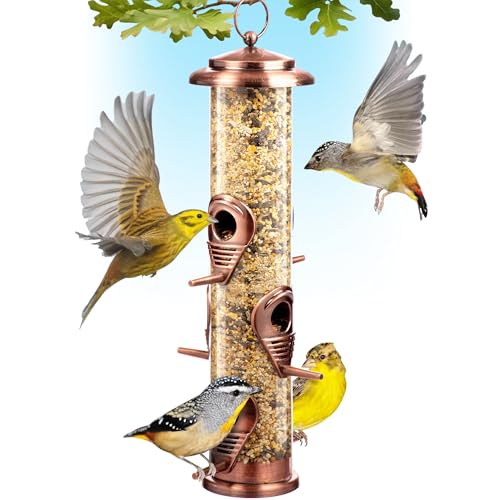 Bird Feeders for Outdoors (Brushed Metal Copper) Squirrel Proof Hanging Bird Feeders with Locking Lid & Adjustable Hanger, Chew-Proof, Weather Resistant 16 Inches 6 Port