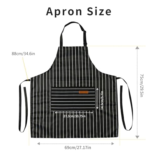 Image of Tosewever 2 Pieces Kitchen Cooking Aprons, Cotton Polyester Blend Adjustable Bib Aprons with 2 Pockets for Women Men Chef Chef (Navy /Black Stripes, 2)