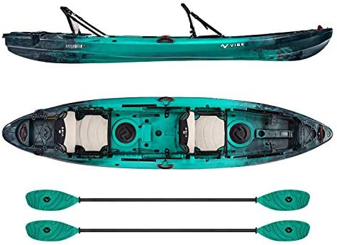 Vibe Kayaks Yellowfin 130T 13 Foot Tandem Angler and Recreational Two Person Sit On Top Fishing Kayak (Caribbean Blue) with 2 Paddles and 2 Hero Comfort Seats - Caribbean Blue Evolve Paddles
