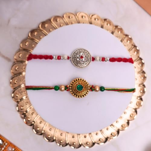 Image of Gifticon Rakhi for Brother with Chocolate Combo Gift Set - Designer Rakshabandhan set for Brother Bhaiya with Ferrero Moments Chocolates Pack - Rakhi Set of 2 | IB-2R-Mom-GreenPendalSilverPendal