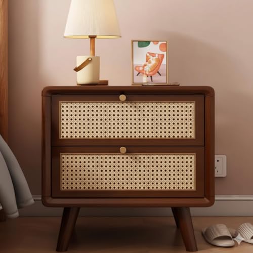 Image of MISAN Boston Solid Wood Bedside Table with Rattan Drawers Mid Century Night Stand for Living Room, Bedroom (Z-Walnut)