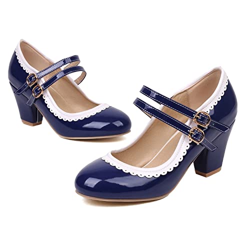 Elbslutt Women's Rockabilly Shoes Chunky Mary Janes Patent Leather Ankle Double Strap Block Heel Pumps Cute Dressy Shoes4