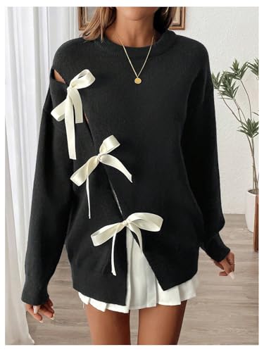 Verdusa Women's Bow Tie Split Sweater Fall Outfits Round Neck Loose Fit Knit Pullover Tops3